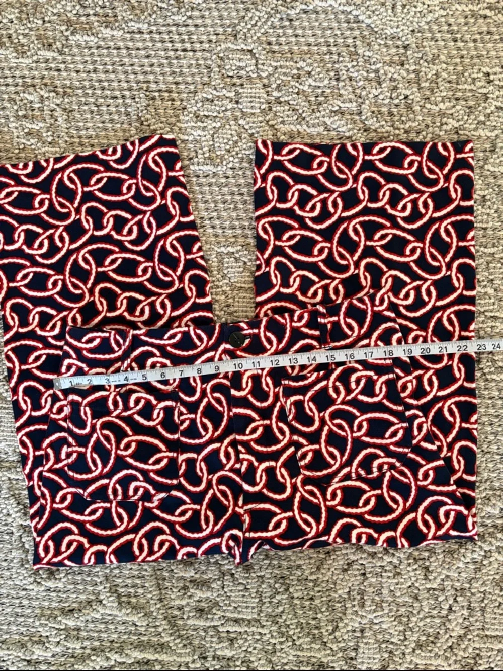 Anthropologie Maeve Navy, Red & White Chain-Print Pants Cropped Size 34 - Picture 7 of 10